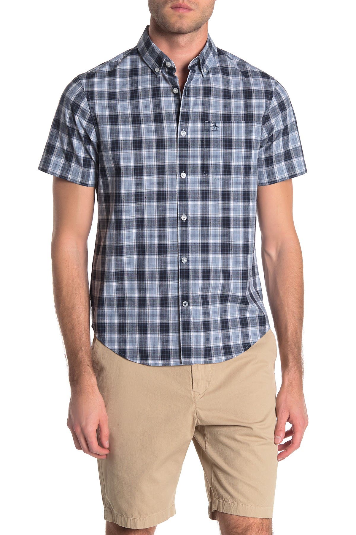 ORIGINAL PENGUIN Mens Short Sleeve Exploded Check in Lawn Woven Shirt ORIGINAL PENGUIN Mens Short Sleeve Exploded Check in Lawn Woven Shirt